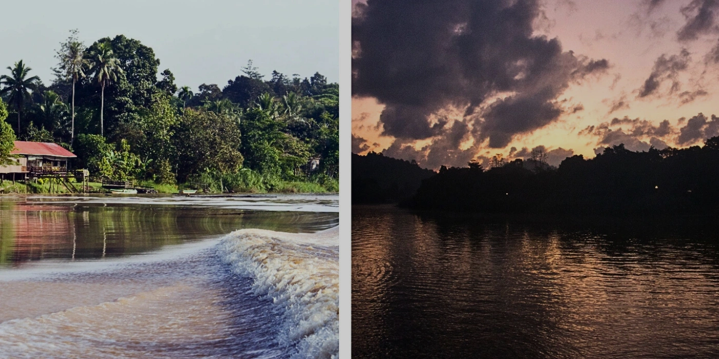 Side-by-side comparison of Kinabatangan River cruise during daylight and evening, showcasing different river moods and lighting in Sabah Borneo