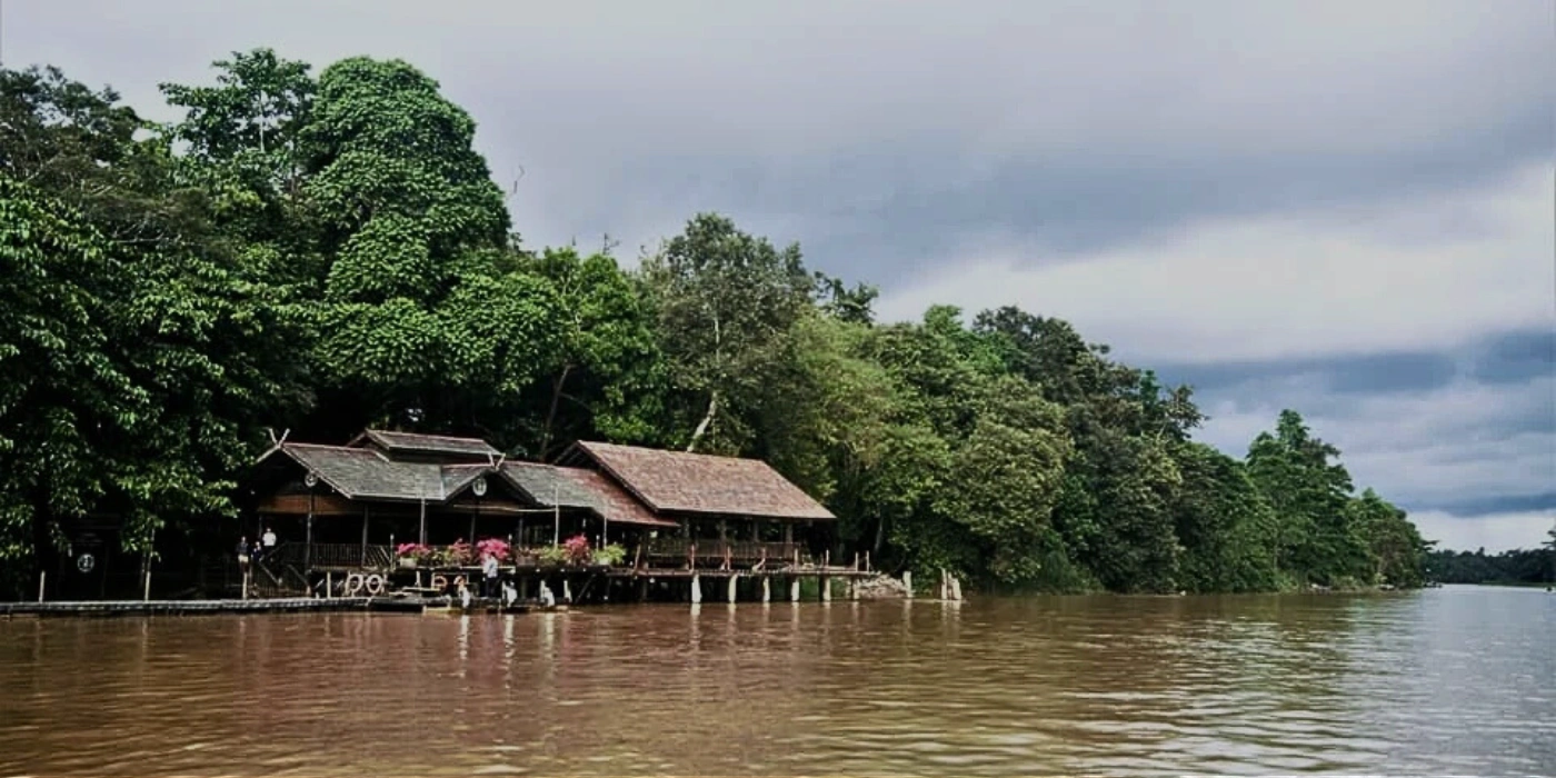 Sukau Rainforest Lodge as seen from the Kinabatangan River, surrounded by lush rainforest