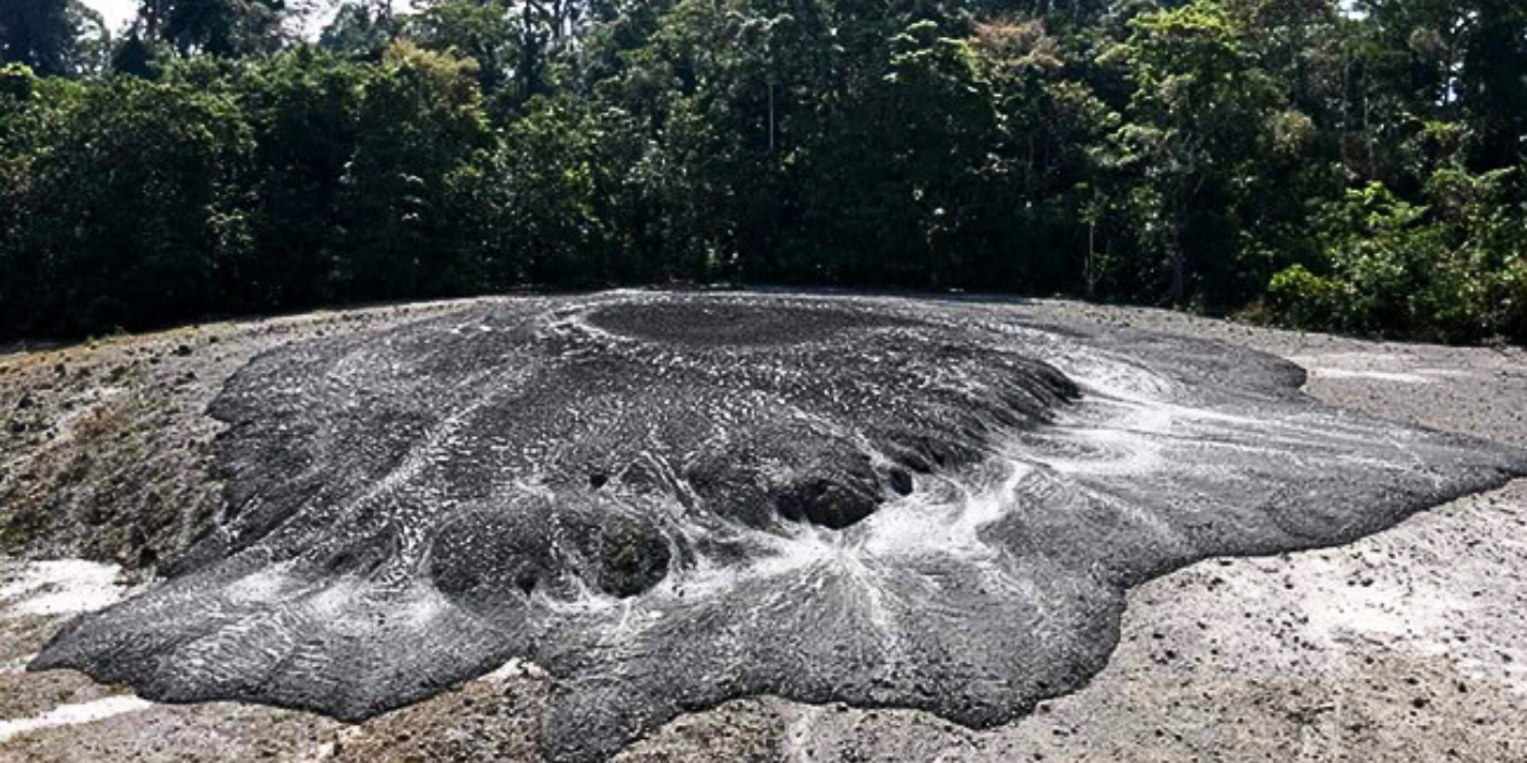Expansive mud volcano surface surrounded by tropical forest in Tabin Wildlife Reserve.