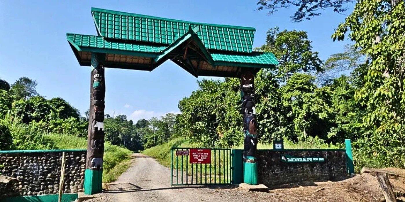 Main gateway of Tabin Wildlife Reserve, featuring a wooden archway surrounded by dense tropical foliage and signage.