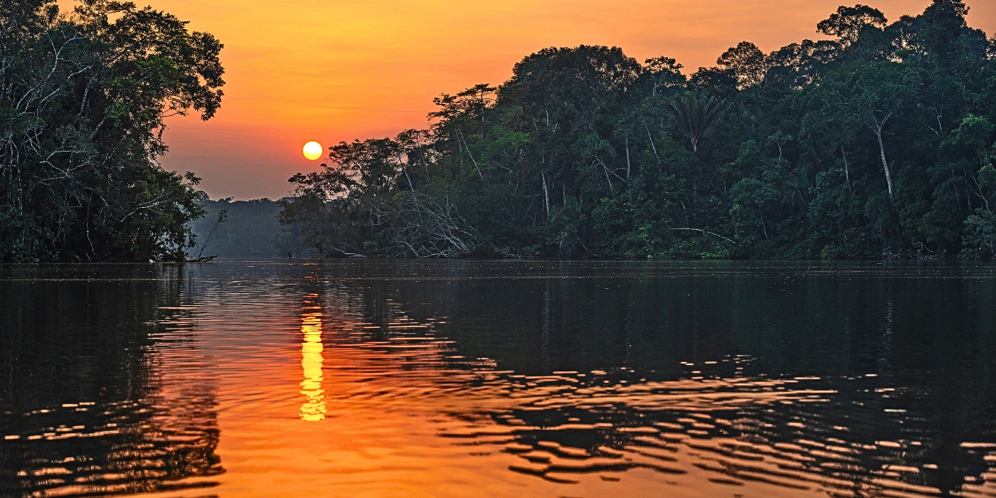 A serene dusk view over the river and rainforest canopy in Taman Negara National Park, Malaysia