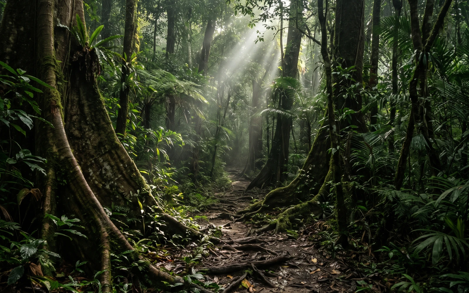 Ancient buttress-root rainforest and jungle trek trail inside Endau-Rompin National Park, Johor, Malaysia